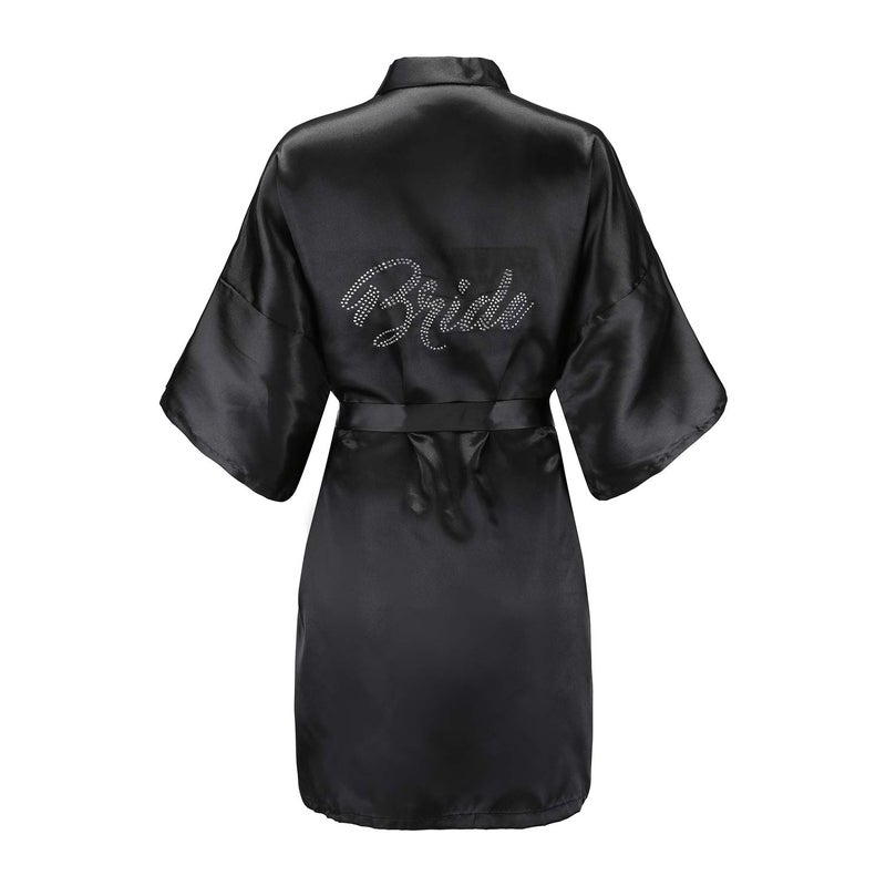 EPLAZA Women's One Size Silver Rhinestones Bride Bridesmaid Short Satin Robes for Wedding Party Getting Ready (Black, Bride) - Image 1